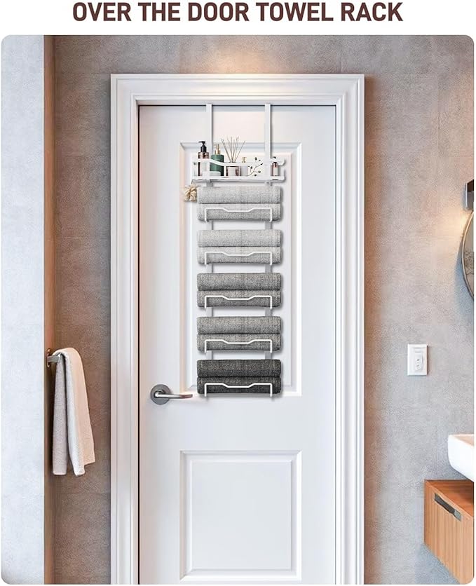 Aetyord Hanging Towel Racks for Bathroom No Drill - Over The Door 6-Tier Bath Towel Storage Organizer for Small Bathrooms - Back Door Large Tiered Towel Holder Hanger for Rolled Towels RV Camper White