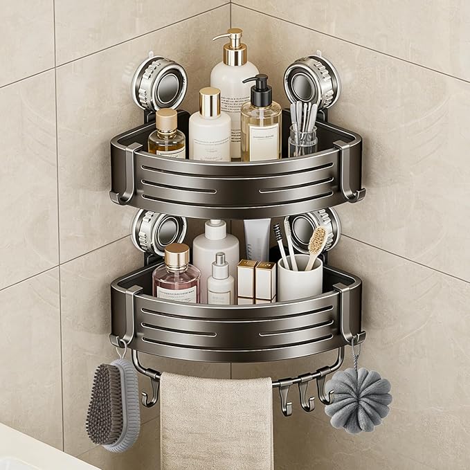 Corner Shower Caddy,Suction Cup Shower Bathroom Wall Shelf,No Drill Rust Proof Aluminum Organizer with Hooks,Floating Rack for Inside (Suction Cup Corner Shower Caddy,2 Tier,Gray)