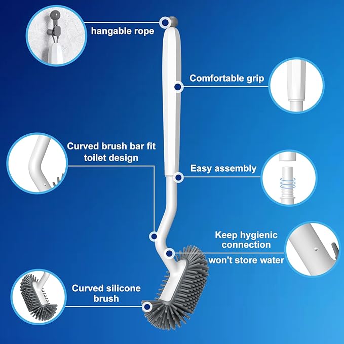HAMITOR Toilet Bowl Brush Holder Set: 2Pack Deep Cleaning Silicone Toilet Scrubber Under Rim with Curved Bristle for Bathroom Dead Corner Clean - Modern Rv Decorative Accessories