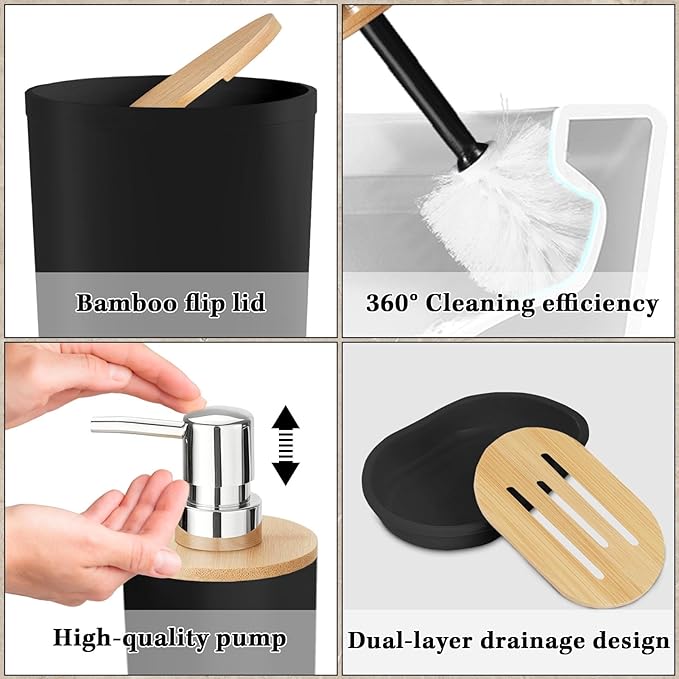 Britimes Bathroom Accessories Set, 19PC Black Shower Curtain Set with Trash Can, Soap Dispenser, Toilet Brush Holder, Toothbrush Holder and Toothbrush Cup for Bathroom Decor