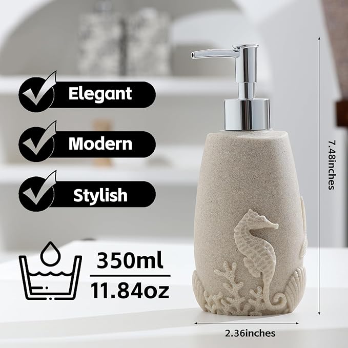 Bathroom Accessories Set, 4 PCS Bathroom Accessory Sets with Soap Dispenser, Toothbrush Holder, Tumbler, Soap Dish, Bathroom Countertop Organizer, Sea Bathroom Decor (Beige)