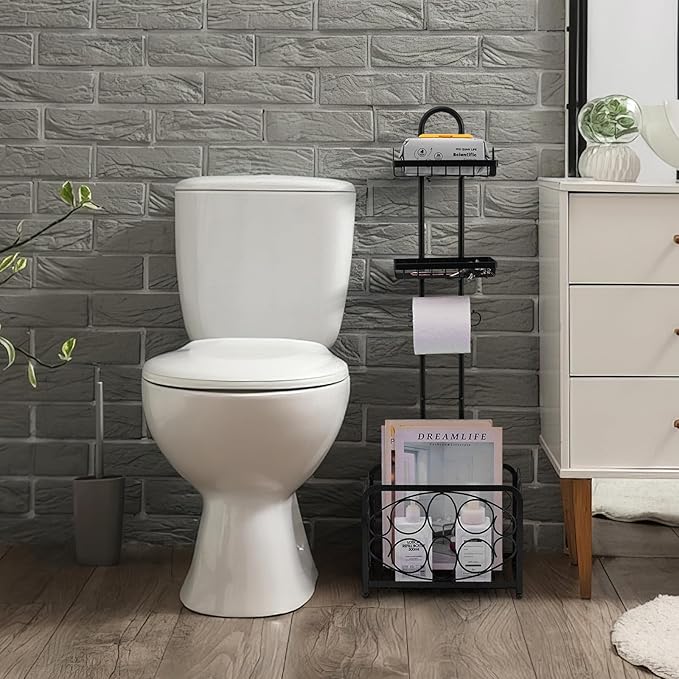 Oasis Creations Toilet Paper Holder Tissue Rack Stand with Magazine Toilet Roll Storage Basket- Freestanding, Black Metal