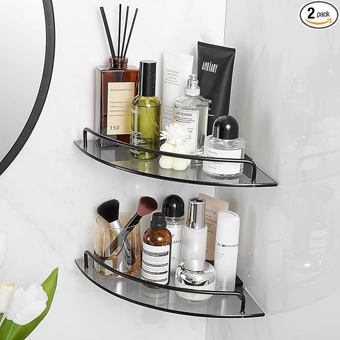 Voldra Glass Corner Shower Caddy, 2 Pack Adhesive Corner Shower Shelves for Inside Shower No Drilling, Tempered Glass Bathroom Corner Shelf with Guardrail Bathroom Shower Organizer Storage Rack(Black)