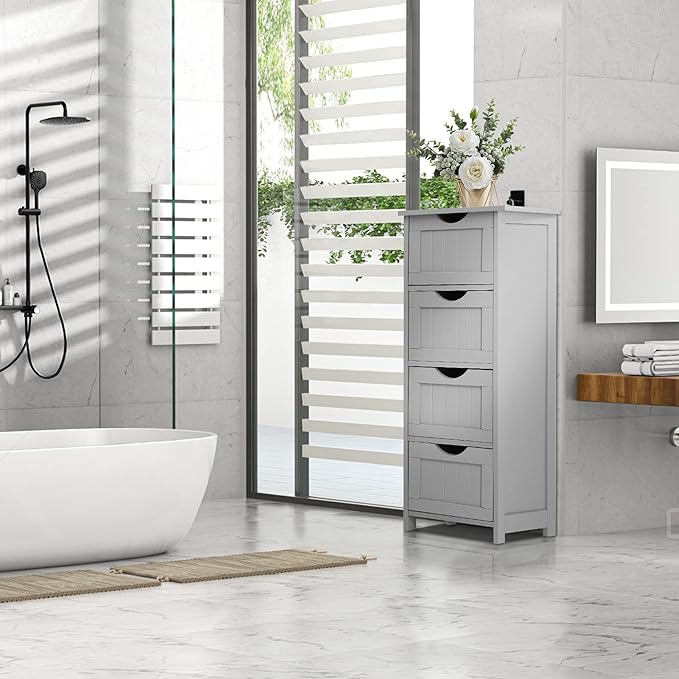 VINGLI Gery Bathroom Storage Cabinet with 4 Drawers Wooden Freestanding Slim Bathroom Floor Cabinet Small Side Organizer Storage Unit for Restroom Livng Room Kitchen Office Hallway Entryway