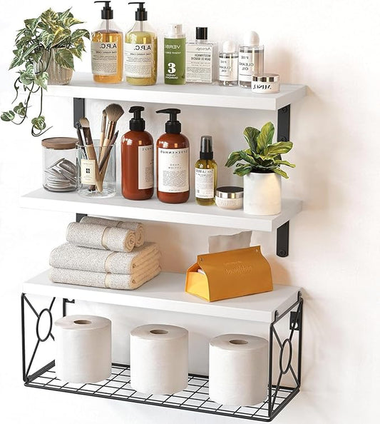Amada Bathroom Shelves Over Toilet with Storage Basket, Floating Wall Shelf for Home Organization & Wall Decor, Bathroom/Kitchen/Living Room Shelves–White