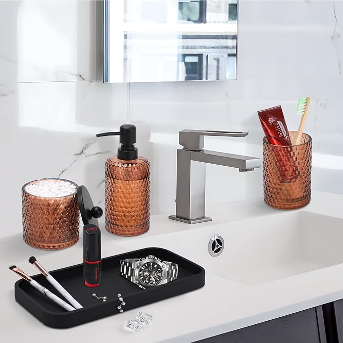Bathroom Accessories Set,4 Pcs Amber Glass Bathroom Accessories Sets-Lotion Soap Dispenser,Toothbrush Holder,Qtip Holder Dispenser & Resin Vanity Tray,Countertop Vanity Organizer,Amber