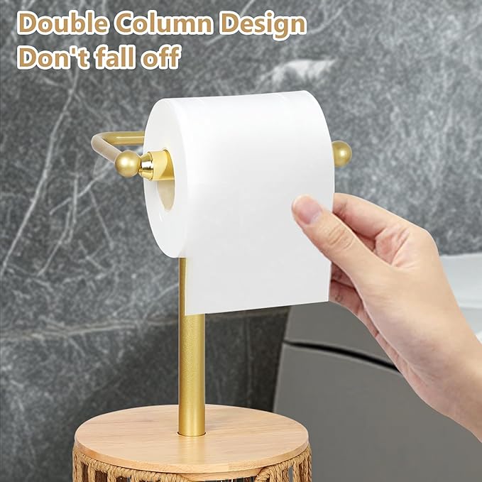 Trongee Freestanding Toilet Paper Holder with Storage,3 Rolls of Boho Toilet Paper Holder Stand with Lid,Gold Toilet Tissue Holder Stand Rattan Paper Storage Wicker Toilet Roll Holder Basket