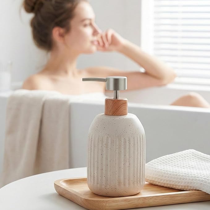 Ceramic Soap Dispenser, 16oz Rustic Dish Hand Soap Dispenser for Bathroom & Kitchen, Speckled Liquid Soap Pump Bottle for Shampoo, Lotion, Conditioner, Modern Farmhouse Bathroom Accessories