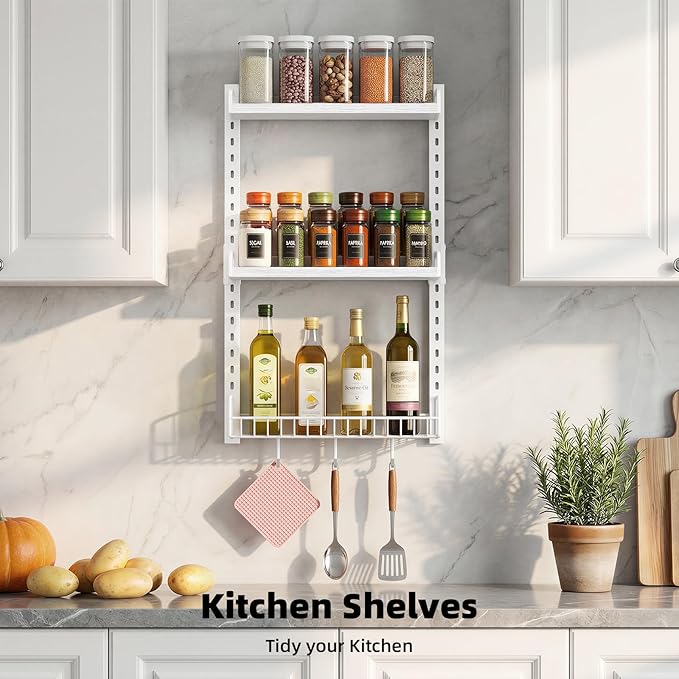Kalrin 3 Tier Bathroom Shelves Over Toilet - Wall Mounted Floating Shelves with Drain Basket, Toilet Paper Storage, Height Adjustable Over The Toilet Storage, Pure White