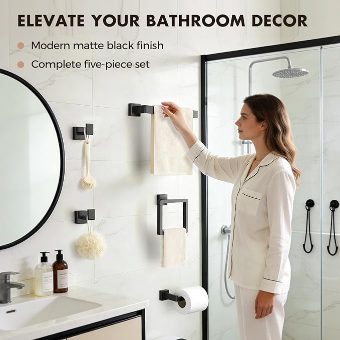 Bathroom Accessories Towel Bar Set: 10 Pieces Matte Black Bathroom Hardware Square SUS304 Stainless Steel - Wall Mounted Towel Rack&Toilet Paper Holder&Towel Ring and Towel Hook