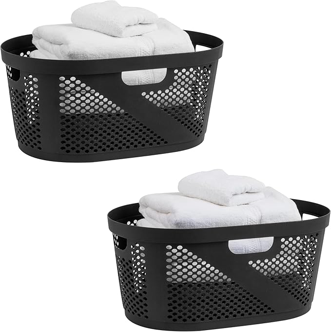 Mind Reader 40L Ventilated Laundry Baskets, Lightweight Clothes Hamper with Cutout Handles for Bathrooms and Closets, Plastic, Set of 2, Black