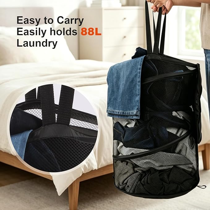 BATTOO Collapsible Laundry Basket with Lid, Large Foldable Mesh Pop Up Hamper 88L with Handles for Laundry Room, Bathroom, Kids Room, College Dorm, Travel, Storage Organizer Black