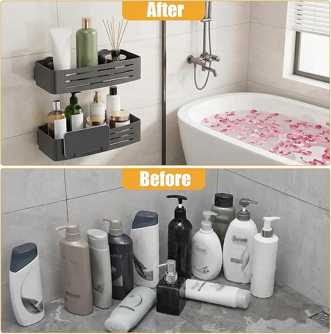 2 Pack Shower Caddy Suction Cup, Shower Shelves with 4 Hooks Rust-Proof Aluminum Alloy,Large Capacity No drilling required Removable Bathroom Storage Rack for Shampoo, Shower Gel, Razors