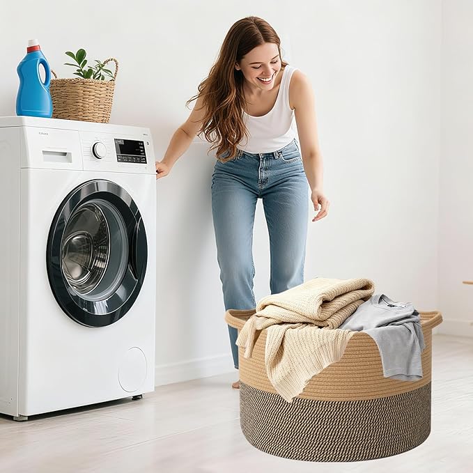 115L Extra Large Blanket Basket,Woven Rope Laundry Basket Hamper with Handles, Decorative Nursery Basket Storage Bin for Toys, Clothes Organizer, Living Room, Bedroom, Bathroom, Jute&Black