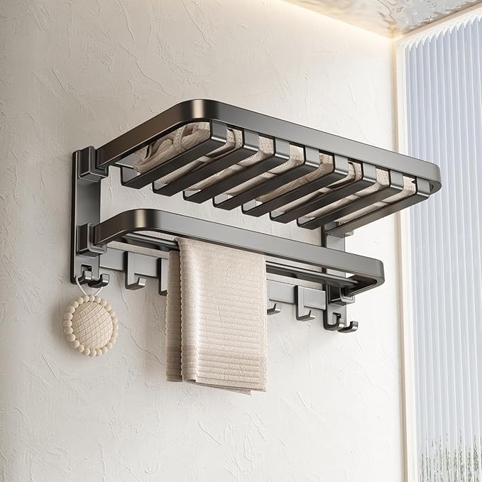 VOLPONE Bathroom Towel Rack with Double Towel Bar Foldable Towel Shelf Wall Mounted Towel Storage with Hooks No Assembly Required 24Inch Matte Grey