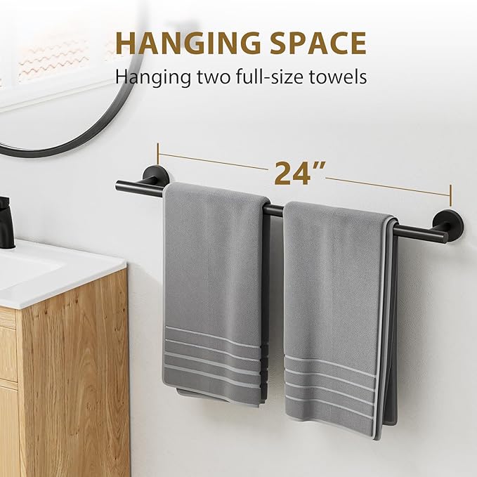 Luxbaro Matte Black Towel Bar 24 Inch, Thicken Towel Rack for Bathroom Wall, SUS304 Stainless Steel Towel Rod, Modern Home Decor (Total Length 26-Inch)