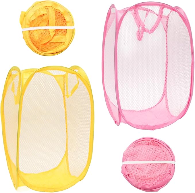 2Pcs Small Laundry Hampers, Folding Popup Mesh Laundry Basket, Collapsible Dirty Clothes Hamper, Portable Mesh Popup Hamper, Ideal for Bedroom, Travel and Home Use (Pink & Yellow)