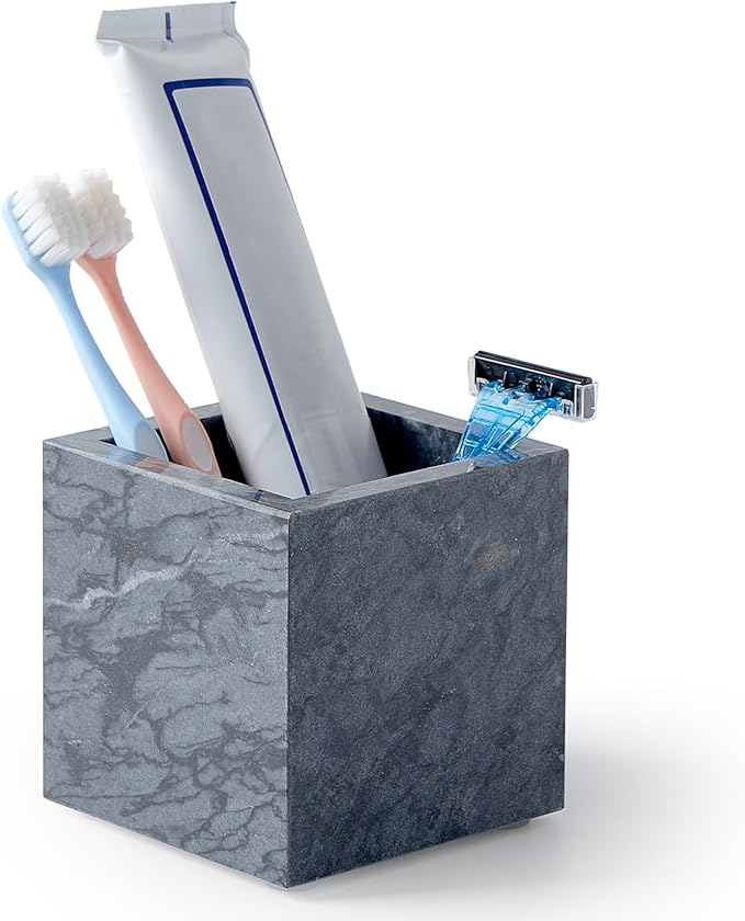 Real Luxurious Natural Marble Toothbrush Holder & Makeup Brush Organizer & Pen Holder for Desk,3.93inch Square Marble Utensil Holder Non-Ceramic/Non-Resin （Gray）