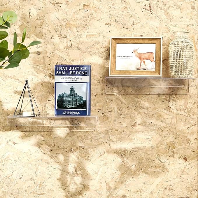 2 Pack Clear Acrylic Shelves for Wall with Adhesive,15 Inch No Drill Floating Shelves for Bathroom,Bedroom,Renter Friendly,Kids Room Bookshelf,Wall Display Shelf for Lego,Funko Pop,Figurine,Perfume