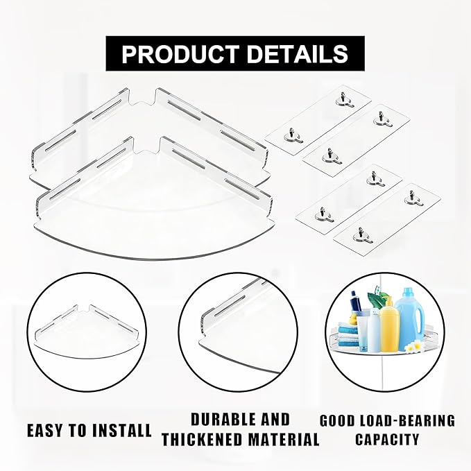2 Pcs Acrylic Shower Caddy Corner Shelves for Bathroom Wall Mounted Floating Shower Organizer Corner Shelf No Drilling Storage Organizer Wall Shelf for Bathroom, Home Decor, Kitchen, Bedroom, Toilet