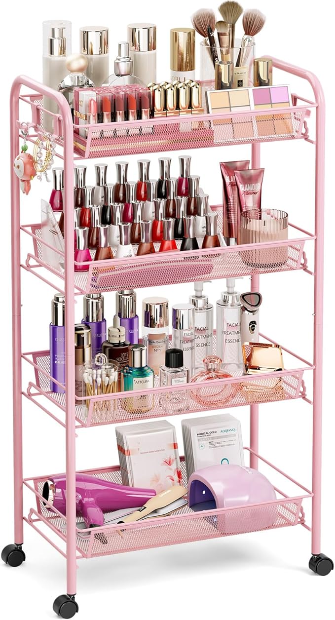 TOOLF 4 Tier Rolling Utility Cart - Durable Metal Design Pink Utility Cart, Storage Trolley on Wheels with 3 Hooks, Perfect for Kitchen, Bathroom & Laundry Room Organization
