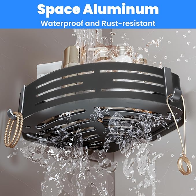 2 Pack Corner Shower Caddy Suction Cup Rust-proof aluminum alloy With 4 hooks No drilling required Removable Waterproof Bathroom Storage Rack for Shampoo, Shower Gel, Razors (gunmetal gray)