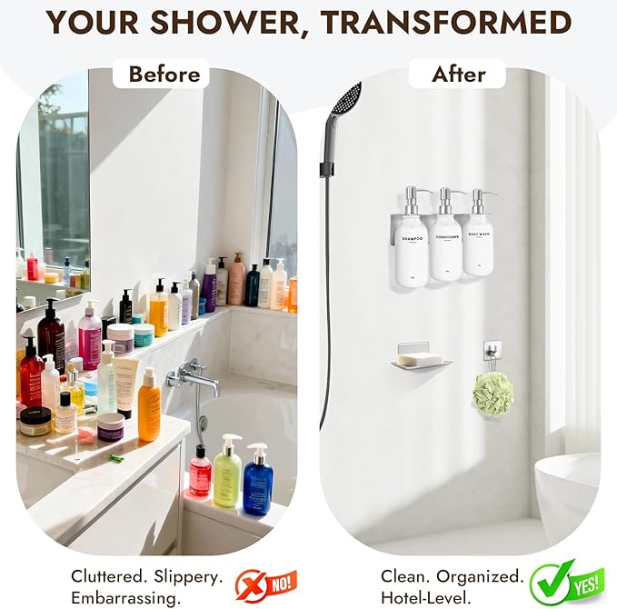 KOUCHU Shampoo and Conditioner Dispenser Set - Wall Mounted Shower Soap Dispenser - 17oz No-Drill Refillable Plastic Pump Bottles for Bathroom Kitchen - Includes Soap Dish and Hook (Silver)