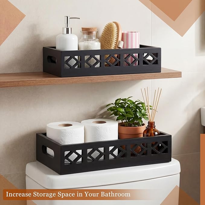 Qunclay 2 Pack Black Toilet Tank Baskets Wooden Toilet Tank Top Paper Baskets with Handle Rustic Hollow Bathroom Paper Organizer Holders Farmhouse Decorative Bathroom Storage Box
