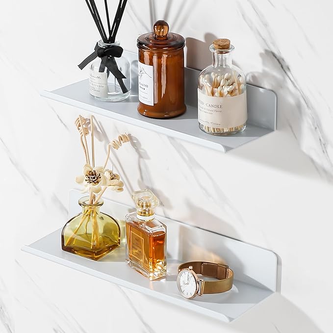 SAYAYO White Floating Shelves for Wall Storage, 12 Inch Adhesive Wall Shelves for Bedroom Decor, Small Display Bathroom Shelf Organizer for Kitchen, Living Room, Office, 2pcs