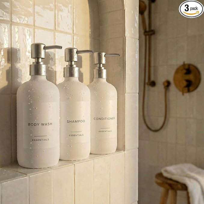 Stylish Shampoo and Conditioner Dispenser Set of 3 - Modern 21oz Shower Soap Bottles with Pump and Labels - Easy to Refill Body Wash Dispensers for an Instant Bathroom Decor Upgrade - White