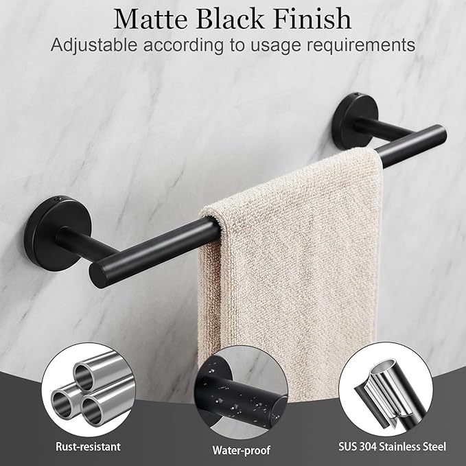 10-Pieces Matte Black Bathroom Accessories Set, 16 Inch Bath Towel Bar Set, SUS 304 Stainless Steel Hardware Set, Towel Racks, Hand Towel Holder, Black Shower Sets for Bathroom Decor Wall Mounted
