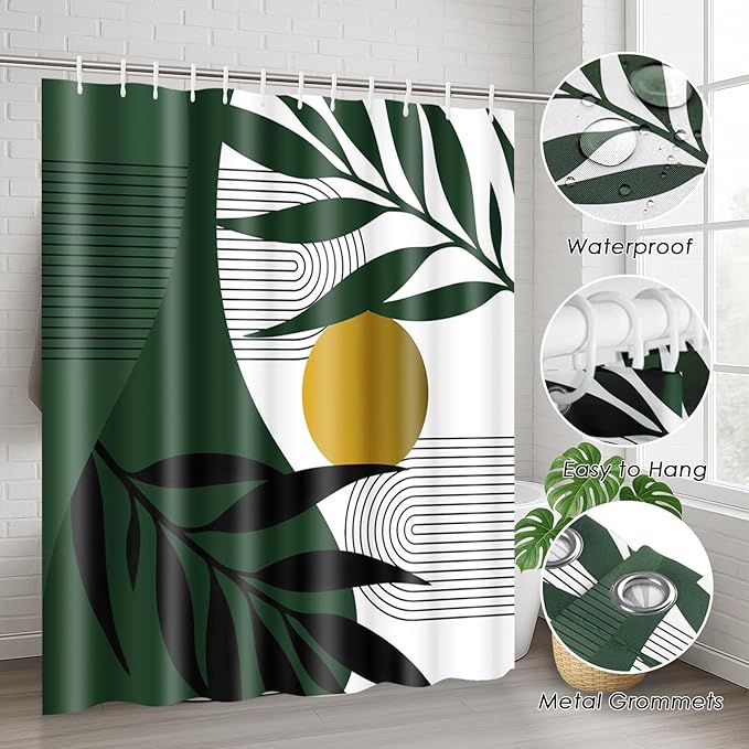 Boho Olive Green and Gold Shower Curtain Set with Toilet Lid Cover and Non-Slip Rugs, Mid Century Modern Abstract Minimalist Leaves Neutral 4 Pcs Shower Curtain for Bathroom Set with 12 Hooks