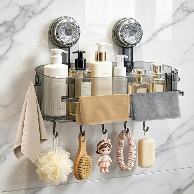 Abnaok 2026 Upgraded Bathroom Suction Storage Box, No Drill Bathroom Shelves with Drain Holes, Towel Rack, and Hooks, Load-Bearing, Removable Suction Cup Shower Caddy for Bathroom, Kitchen