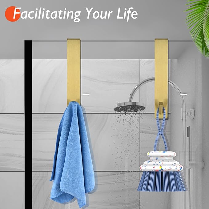 Kontoyo Shower Door Hooks (4 Pcs), 304 Stainless Steel, 7.5x1.18in, Gold, Frameless Glass Door Towel Storage, Lightweight, Heavy Duty, Rust Resistant, Removable, Non Slip
