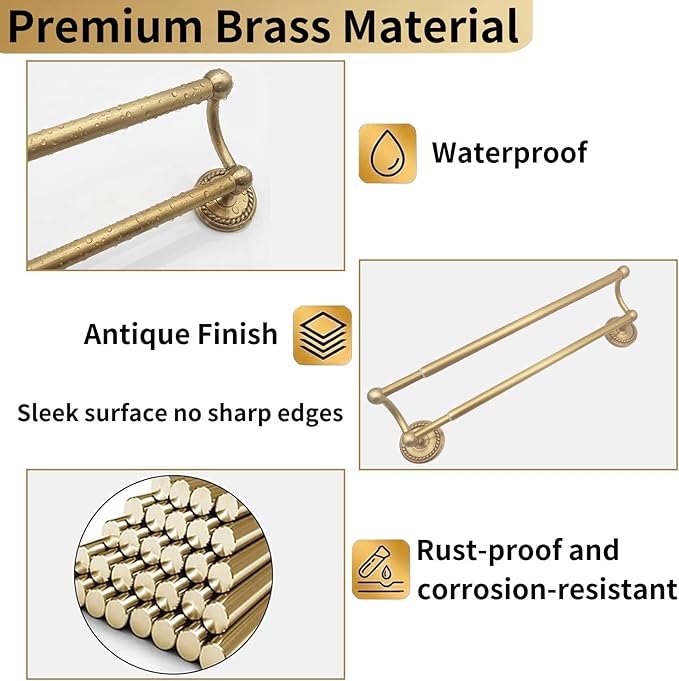 Double Towel Bar, Antique Brass Bathroom Towel Racks Wall Mounted, Adjustable Vintage Gold Towel Bar 13.4-24.8 Inch Usable Bar Length, Heavy Duty Rustproof Brass Towel Rod Holder for Bath