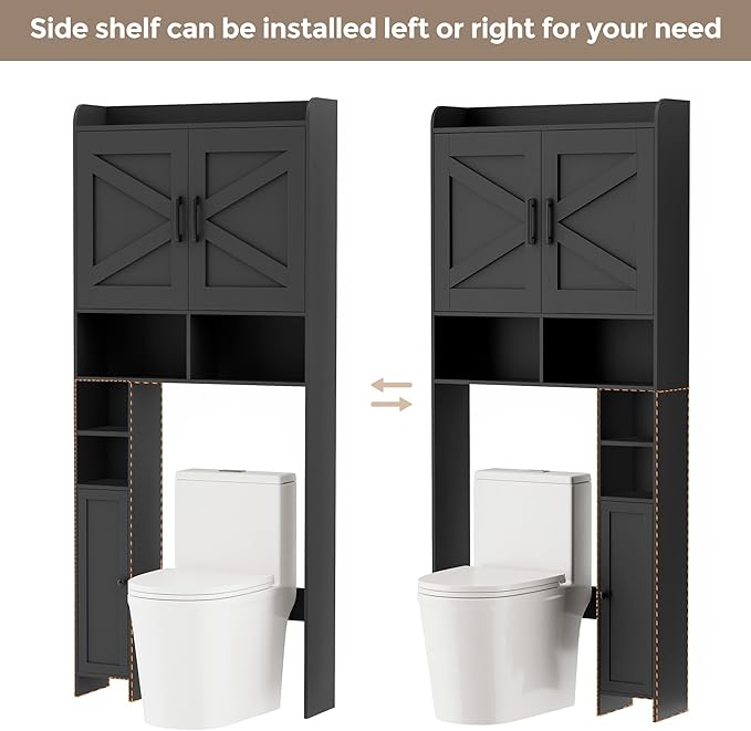 Homhedy Over The Toilet Storage Cabinet with 2 Barn Door and Toilet Paper Holder Stand, FreeStanding Toilet Shelf Space Saver, for Bathroom, Restroom, Laundry, Black