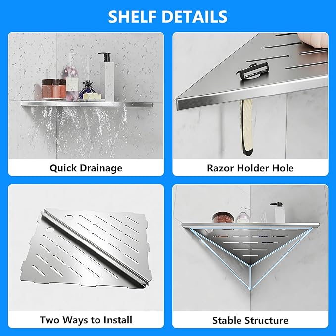 Shower Shelves, Corner Shower Shelf, 304 Stainless Steel Shower Caddy with Razor Hole, Shower Shelf for Inside Shower, Modern Sturdy Shelves for Tile Walls, Bathroom Shelves (Silver)