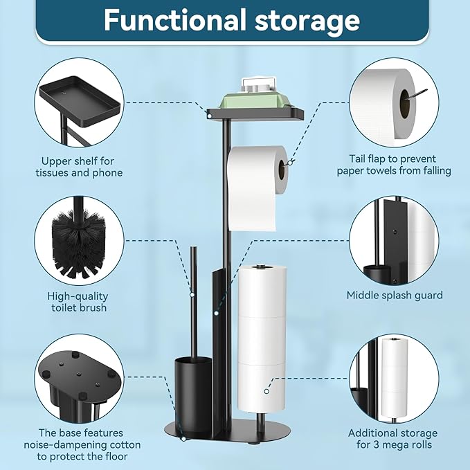 Toilet Paper Holder Free Standing - Toilet Paper Stand with Shelf, Bathroom Tissue Holder Stand, Floor Toilet Paper Roll Holder Stand with Storage, Black
