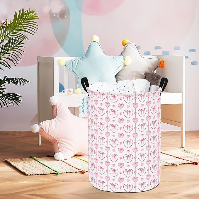 Laundry Basket Canvas Fabric Collapsible Organizer Basket for Storage Bin Toy Bins Gift Baskets Bedroom Clothes Children Nursery Hamper (Pearl Heart)