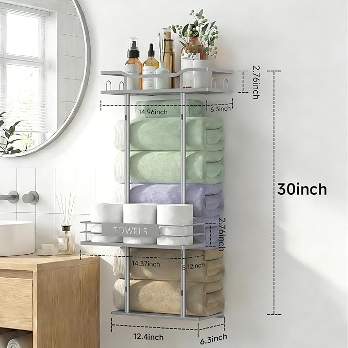 Towel Racks for Bathroom, 30inch Wall Mounted Towel Rack, Towel Storage for Small Bathroom Can Holds 6 Large Towels, Floating Shelf with Adjustable Tissue Basket(Sliver).