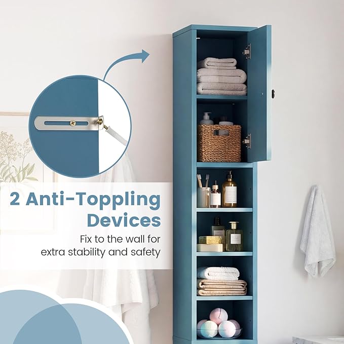 Tangkula Tall Slim Bathroom Storage Cabinet, 71" Freestanding Bathroom Cabinet w/ 2 Doors, 1 Drawer & 5 Adjustable Shelves, Floor Narrow Tower Cabinet for Small Spaces, 8" x 8" x 71" (Blue)