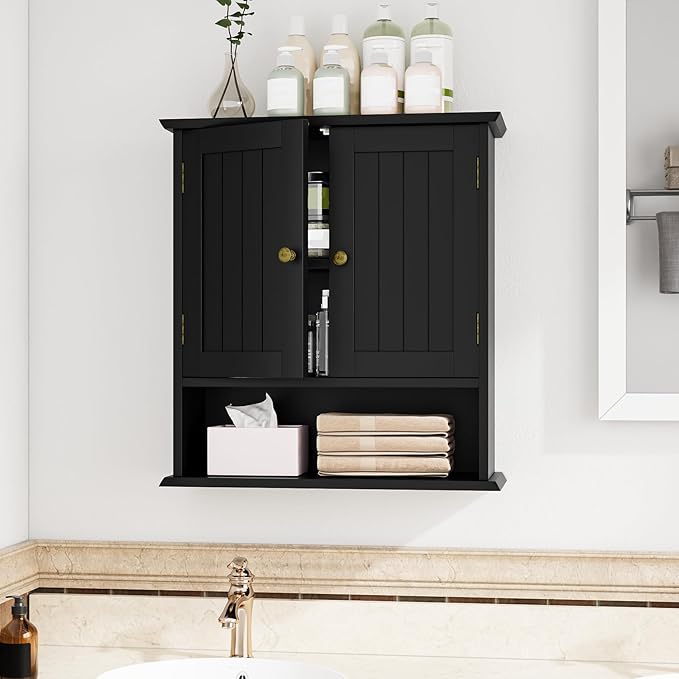 Bathroom Wall Cabinet, Bathroom Cabinet Wall Mount with 2 Doors and Open Shelf, Over The Toilet Wall Storage, Wooden Medicine Cabinets