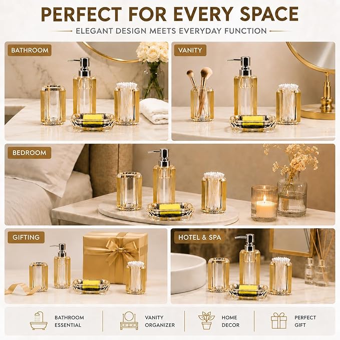 4-Piece Gold Bathroom Accessories Set — Soap Dispenser, Soap Dish, Mouthwash Cup & Toothbrush Holder, Acrylic with Brushed Gold Accent, Luxury Vanity Countertop Organizer