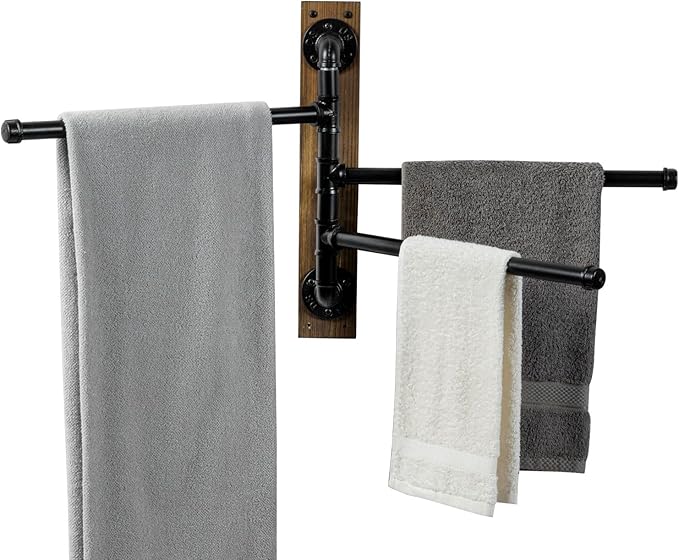 MyGift Swivel Towel Rack, Wall Mounted Towel Holder with 3 Tier Industrial Metal Pipe Towel Bars, Wooden Base Rustproof Swing Out Towel Hanger for Bathroom, Kitchen, Pool (Brown)