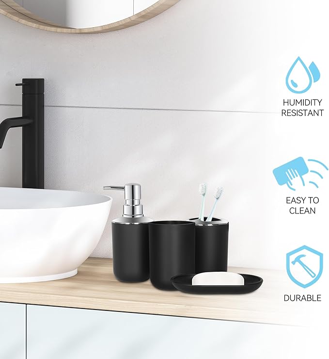 Black Bathroom Accessories Set 4 PCS, Black Bathroom Accessories, Plastic Soap Dispenser and Toothbrush Holder Set, Soap Dish and Mouthwash Cup, Boho Bathroom Decor, Bathroom Set