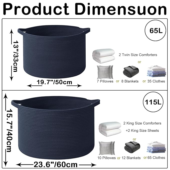 115L Extra Large Navy Blue Woven Cotton Rope Basket with Handles, Kids Nursery Laundry Hamper for Toys, Blankets, Pillows & Comforters, Storage Bin for Bedroom & Playroom