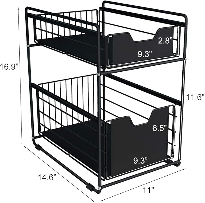 2 Tier Sliding Cabinet Basket Drawer Sliding Basket Under Sink Cabinet Storage Shelf for Kitchen Countertop Pantry Bathroom Office Desktop - Black