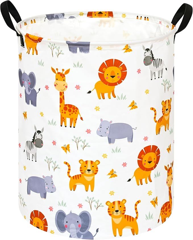 Round Lion and Tiger Pattern Laundry Hamper Clothes Storage Basket Fabric Storage Hamper Organization Storage Bin, Nursery Box,Gift Basket with Handles