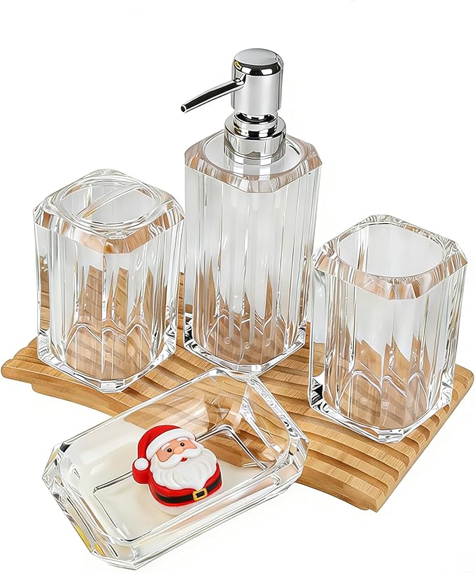 4-Piece Bathroom Accessories Set - Crystal Clear Acrylic, Glass-Like Clarity - Soap Dispenser, Soap Dish, Mouthwash Cup & Toothbrush Holder - Countertop Organizer, Matches Any Decor