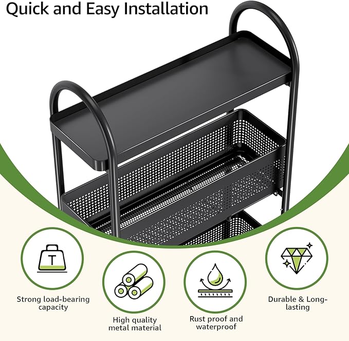 5-Tier Slim Storage Cart with Drawer, Rolling Utility Cart on Wheels, Narrow Metal Cart for Space Save, Lockable Wheels, Easy Assembly for Kitchen Cart, Craft Cart, Nursery Organizer, Laundry